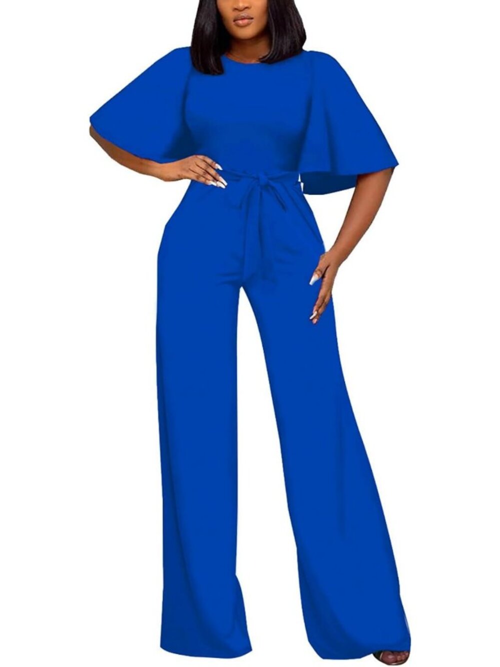 Chic Women's Loose Short Sleeve Belted Wide Leg Jumpsuit - Casual Business